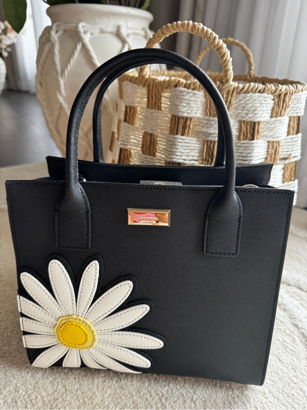kate spade Black Daisy Appliqué Satchel with White and Yellow Flower - Picture 2 of 14